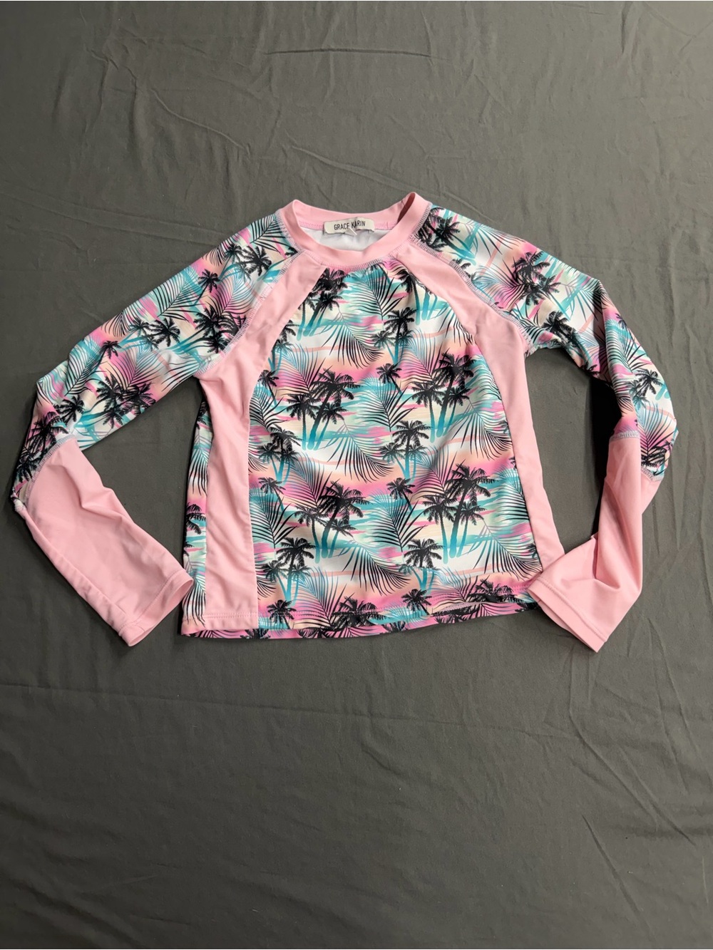 Grace Karin Pink and Teal Palm Print Long-Sleeve Kids Rash Guard